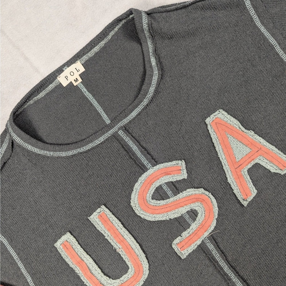 POL USA Star Patch Raw Hem Knit Top Charcoal Grey Sweater Womens Medium